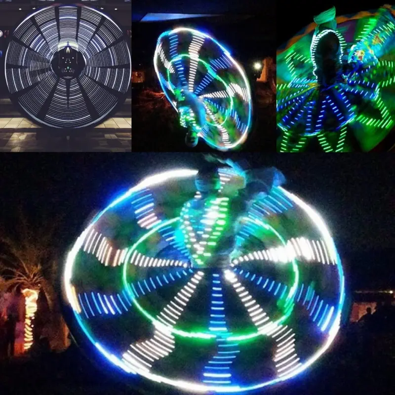 Four views of a glowing LED tanoura skirt in blue, green and white light at night shows in Dubai