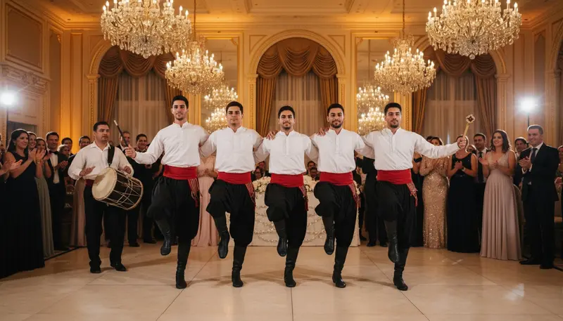 Line of dabke dancers holding shoulders and stamping in unison on the dance floor of a Dubai wedding party