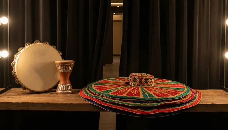 Tanoura costume with layered coloured skirts and a drum laid out backstage before a show in Dubai