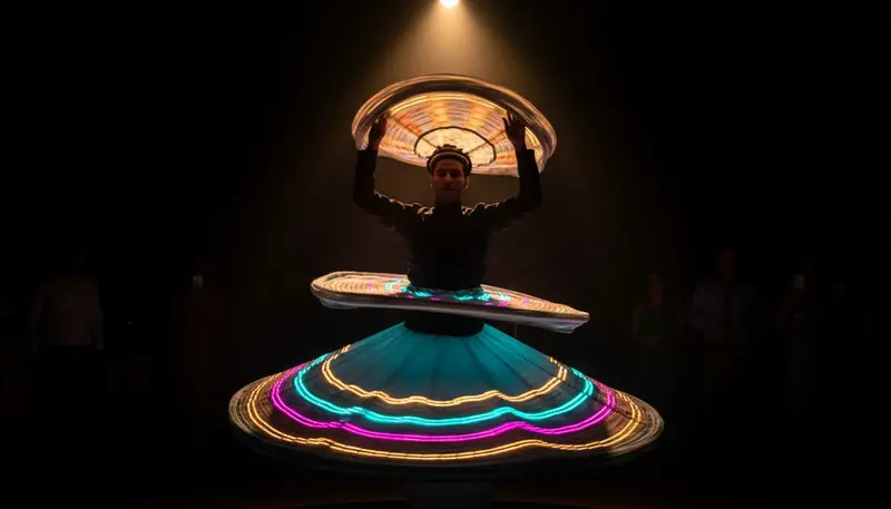 Tanoura dancer lifting an inner skirt above his head while a lower LED skirt glows in a dark Dubai venue