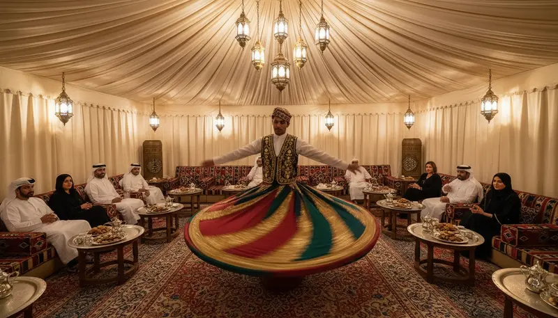 Tanoura dancer spinning a colourful layered skirt in a lantern lit Ramadan tent in Dubai after iftar