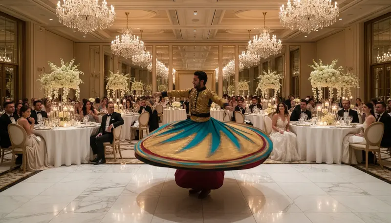 Tanoura dancer spinning a colourful layered skirt on the dance floor of a wedding reception in a Dubai hotel ballroom