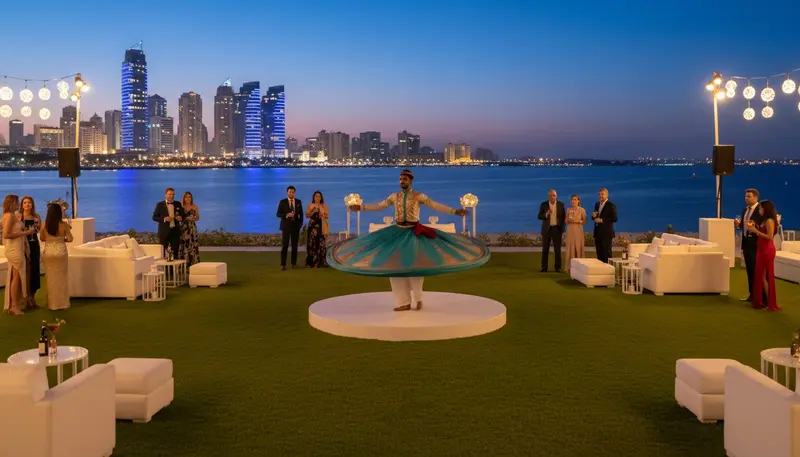 Tanoura dancer spinning a colourful skirt on a lawn by the water at an evening event in Abu Dhabi