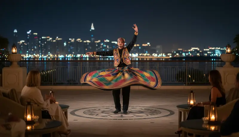 Tanoura dancer spinning a wide layered skirt in red, gold, green and blue on a terrace at night with the Dubai skyline behind