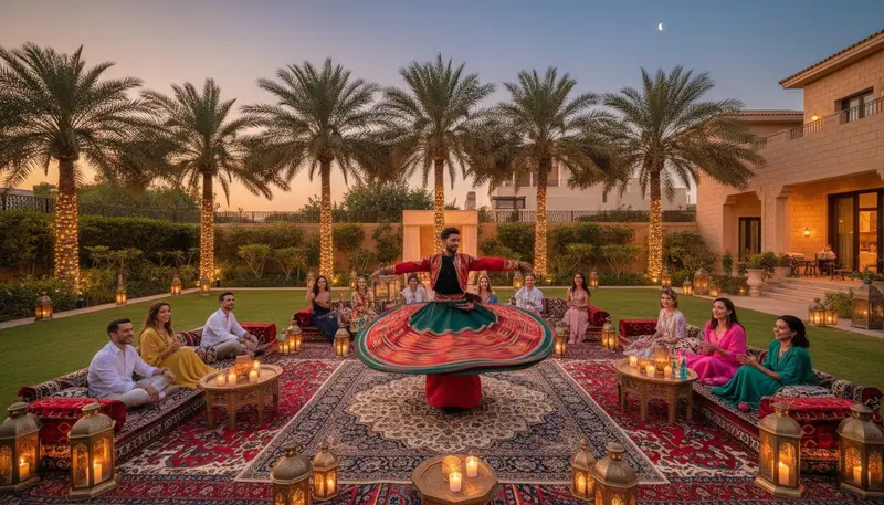 Tanoura dancer spinning by lanterns and low majlis seating at an Arabian night party in a Dubai villa garden